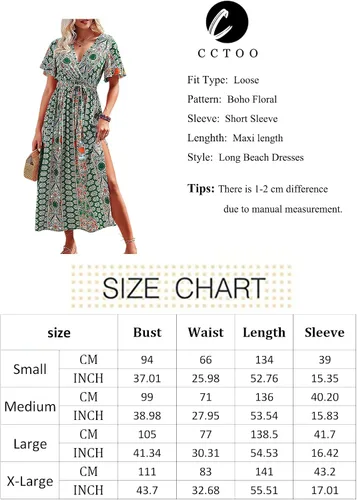 Vista 6 de CCTOO Vestido largo de verano para mujer, estilo casual, bohemio, floral, cuello en V, manga corta, con volantes, con abertura, vestido largo