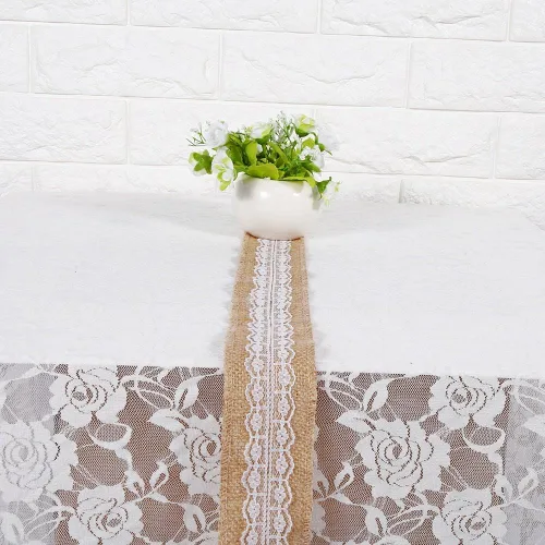 Vista 2 de Rollo de cinta de yute natural con encaje blanco para boda, fiesta, evento, decoración del hogar (tamaño: #6)
