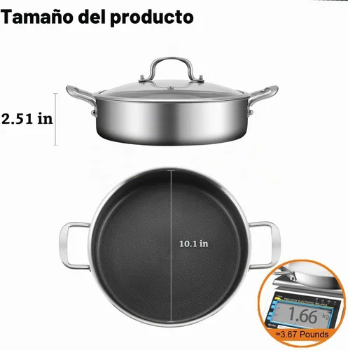 Vista 2 de DELARLO Sartén de tres capas de acero inoxidable de 10 pulgadas Sartén de freír profunda de 3QT con tapa Sartén de saltear con tapa Compatible