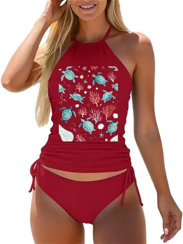 Vista 43 de Omichic Conjuntos de tankini modestos para mujer, trajes de baño atléticos de 2 piezas, camiseta sin mangas fluida con parte inferior de bikini