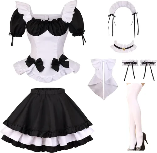 Vista 4 de GRAJTCIN Disfraz de sirvienta francesa de anime para mujer disfraz de cosplay de Lolita con calcetines