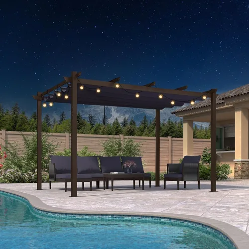 Vista 38 de PURPLE LEAF Pérgola de 10 x 12 pies con toldo retráctil, pérgola cuadrada de bronce de aluminio para patio al aire libre, junto a la piscina, beige