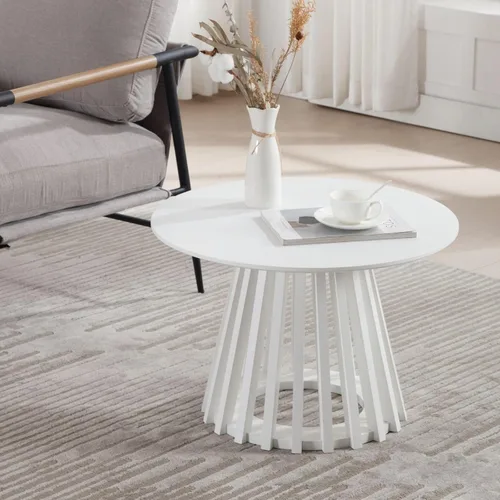 Vista 3 de DUOMAY Mesa de centro redonda moderna con base geométrica única, elegante mesa de madera blanca para sala de estar, oficina, salón, color blanco