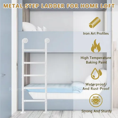 Vista 6 de White Bunk Bed Ladder for High Bed, Wrought Iron Loft Attic Ladder Wall Mounted Metal Step Ladder with Kit for Home/Small Spaces/Outdoor Rooftops