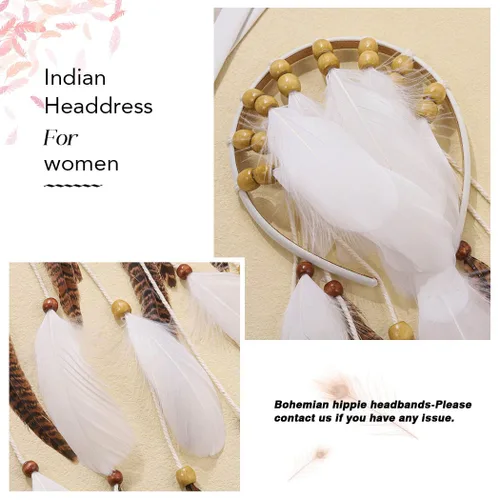Vista 4 de CAKURE Diadema de plumas blancas, diademas hippie para disfraz gitano, tocados indios, banda para el pelo de novia, accesorios para el cabello