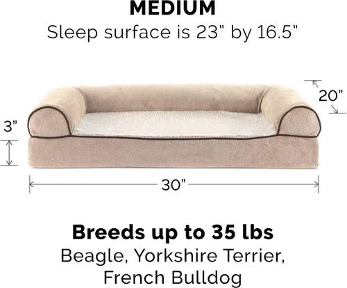 Vista 2 de Furhaven Cama para perro, de espuma viscoelástica, estilo sofá, Sherpa y chenilla, crema, M