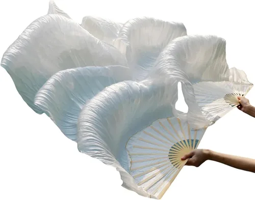 Vista 11 de 1 par (izquierdo + derecho) de abanicos de seda artificial de bambú para danza del vientre, abanicos de tela coloridos para danza, abanicos largos