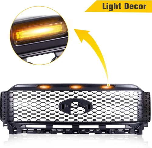 Vista 3 de Rejilla de malla negra mate de repuesto para parrilla delantera compatible con Ford F 150 2021-2022 con 3 luces LED ámbar