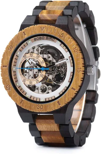 Vista 9 de BOBO BIRD Reloj mecánico automático de madera para hombre, personalizable, reloj de pulsera de madera de lujo para hombre