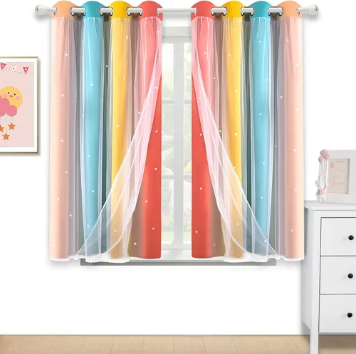 Vista 14 de Cortinas opacas con recorte de estrellas y arcoíris para guardería/habitación de niños/niñas, con superposición de tul, 2 paneles, cada una de 52