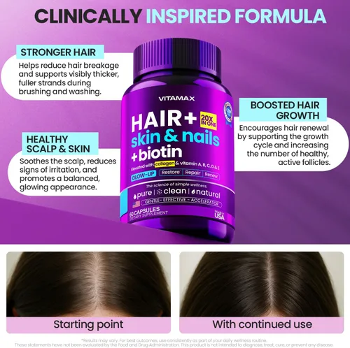 Vista 3 de Biotina Colágeno Potenciador de queratina con ácido hialurónico – Suplemento para el crecimiento del cabello más grueso, piel saludable y uñas