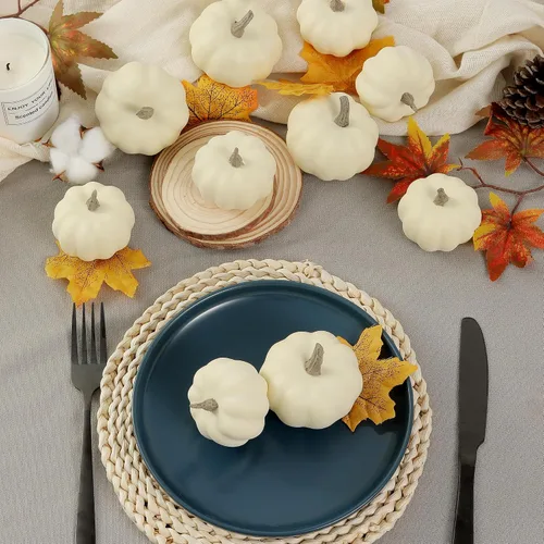 Vista 4 de Artgar Decoración de Calabaza - Calabaza Blanca - Juego de 10 Mini Calabazas de Cosecha - Calabazas de Espuma Beige para Decoración del Hogar DIY
