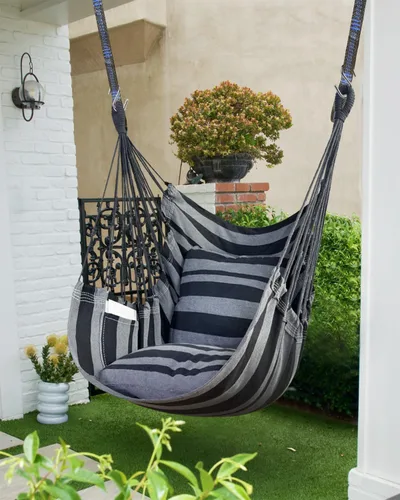 Vista 2 de Halalona Silla Hamaca Colgante Silla Hamaca Colgante Columpio de Cuerda 2 Cojines Incluidos - Hamaca Columpio Resistente y Duradera de Algodón Suave