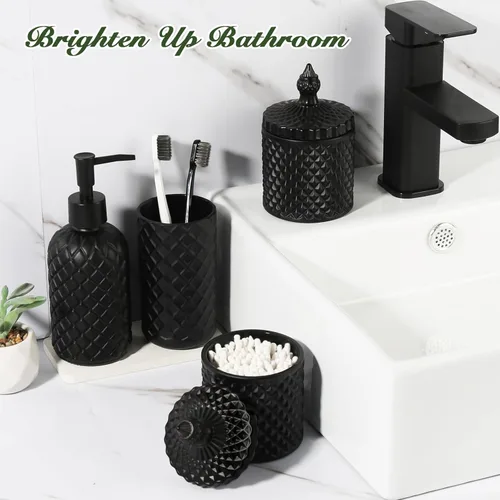 Vista 5 de RYTOXILO Juego de accesorios de baño negro mate, paquete de 4 juegos de accesorios de baño negros, dispensador de jabón de vidrio de diamante