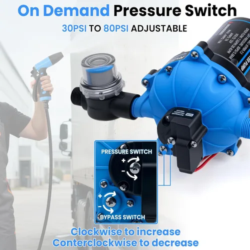 Vista 13 de Bomba de agua RV de 12 V, bomba de diafragma de 5 cámaras de 7.5 GPM 80PSI, autocebante con interruptor de presión resistente y colador para RV