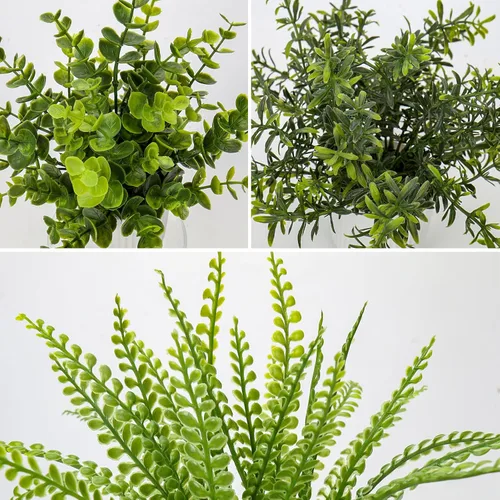 Vista 3 de Hollyone Paquete de 3 plantas artificiales en macetas, plantas artificiales pequeñas de eucalipto, romero, helecho boston, vegetación, decoración