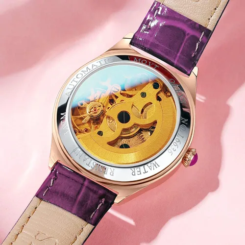 Vista 3 de OLEVS Reloj mecánico automático para mujer, correa de cuero, cuerda automática, reloj de pulsera para mujer, esfera de corazón de diamante