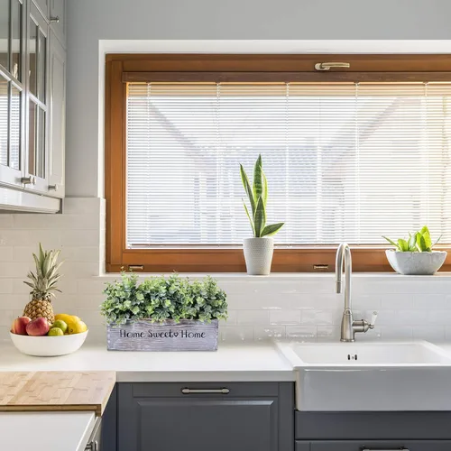 Vista 7 de 1 pieza de plantas de eucalipto en maceta de madera, arreglo vegetal, planta de eucalipto artificial en caja rectangular de madera para casa