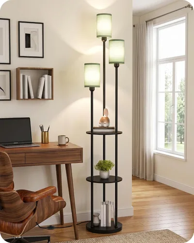 Vista 8 de Lámpara de pie con estantes, moderna lámpara de pie con 3 pantallas de lino e interruptor de pie, lámpara de pie de 3 luces, para sala de estar
