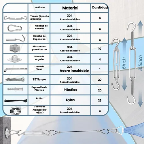 Vista 4 de Kit de accesorios para vela, alambre de cable de acero inoxidable 304 con revestimiento de nailon, 4 piezas de accesorios de vela de 10 pies