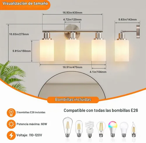 Vista 3 de [Usado] DLLT Lámparas de Baño de 3 Luces: Luces de Tocador Modernas de Níquel con Bombillas E26 - Lámpara de Pared de Baño con Pantalla de Vidrio