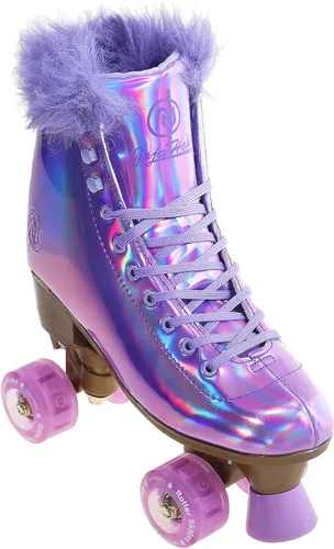 Vista 6 de JajaHoho - Patines de ruedas para mujer, holográficos de caña alta clásicos, patines brillantes de cuatro ruedas de doble fila en púrpura