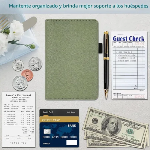 Vista 5 de RSAquar Libreta de servidor con bolsillo con cremallera, libretas de servidor de cuero premium para camarera, cartera de camarero libreta