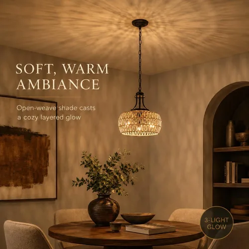 Vista 2 de Lámpara de araña bohemia de granja de 12.6 pulgadas para comedor, lámpara de ratán de 3 luces con pantalla tejida, iluminación colgante costera