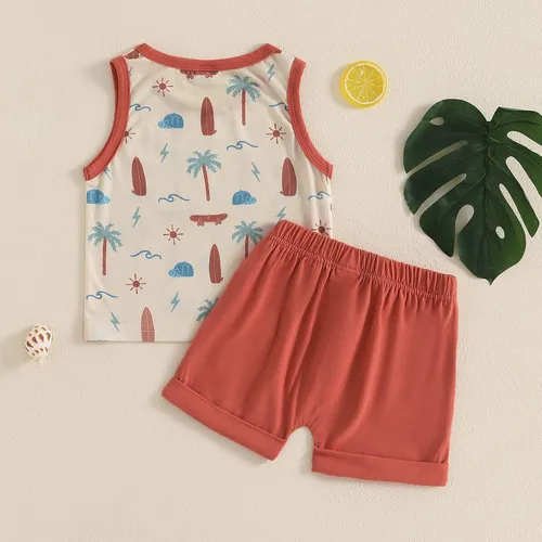 Vista 70 de Ropa de bebé niño sin mangas + pantalones cortos con estampado a rayas con bolsillos, 2 piezas de trajes de verano