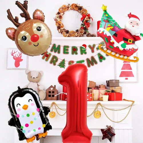 Vista 6 de Globos de papel de aluminio de Navidad, globos de cumpleaños de Navidad, número 1, pingüino, Papá Noel, reno, globo para decoración de fiestas Juego