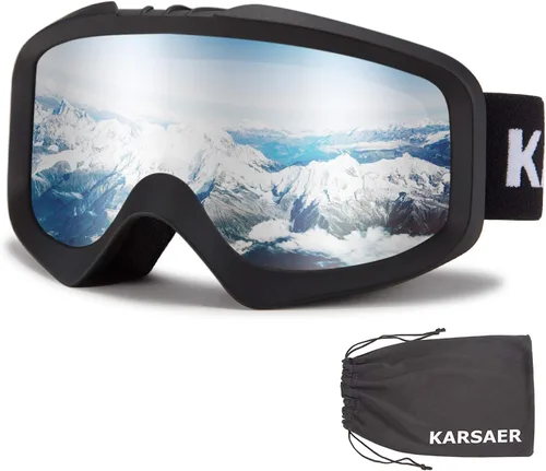 Vista 18 de Karsaer - Gafas de esquí antivaho, gafas de nieve OTG, 100% protección UV, gafas de snowboard con lentes dobles flexibles para hombres, mujeres