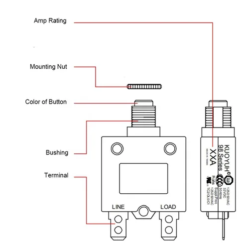 Vista 4 de Disyuntor térmico genuino 3A 125/250VCA 32VDC serie 98 pulsador para restablecer interruptor de sobrecarga térmica con terminales de conexión rápida