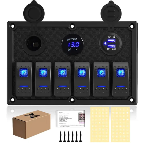 Vista 12 de Panel de interruptores de barco marino de 5 posiciones con cargador USB dual y voltímetro, panel de interruptores basculantes de aluminio