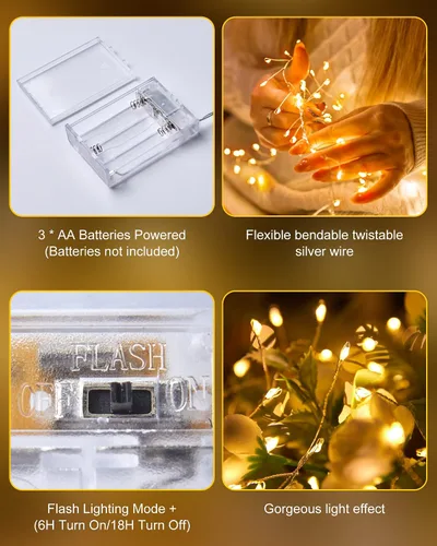 Vista 7 de Guirnalda de luces a pilas - Guirnalda de luces impermeable con cable plateado de 5 pies y 60 LED, para coronas, bodas, dormitorio, frascos