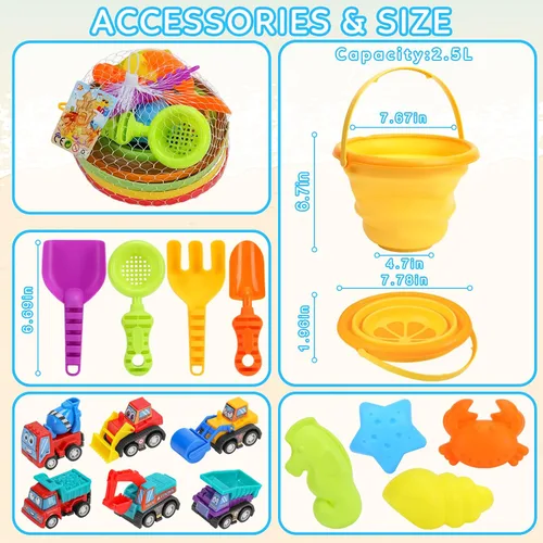 Vista 3 de Juego de juguetes de arena de playa para niños, cubo de playa plegable de silicona plegable para viajes, juguetes de playa para verano al aire