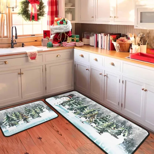 Vista 3 de Juego de 2 tapetes de cocina verdes de Navidad, decoración de Navidad antideslizante, ciervo, muñeco de nieve, alfombras de cocina de invierno