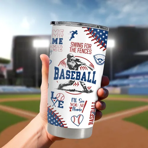 Vista 6 de SANDJEST Tazas de viaje aisladas de acero inoxidable de béisbol, tazas de café de 20 onzas y 30 onzas, regalo para amantes del béisbol, mamá, papá