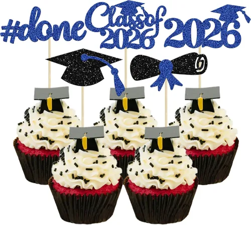 Vista 28 de Gyufise 24 piezas Adornos para pastel de graduación 2026 con purpurina negra, clase de 2026, adornos para magdalenas con gorra de graduación