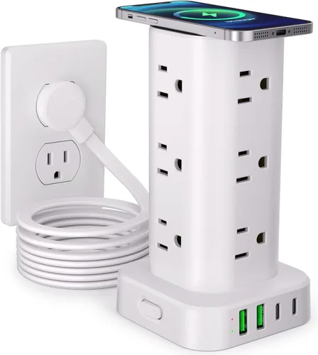 Vista 11 de Regleta de alimentación de torre con múltiples salidas, protector de sobretensiones de enchufe plano, cable de extensión de torre con 12 tomas