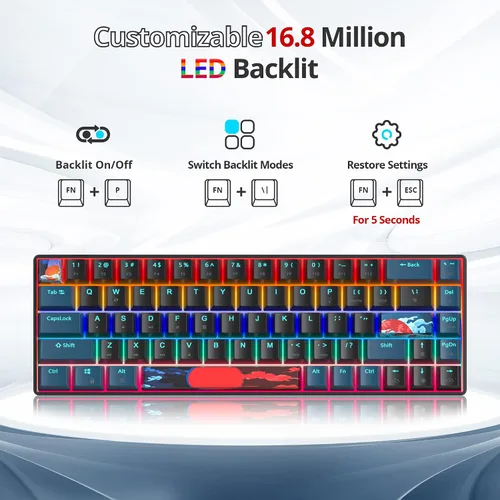 Vista 4 de Protable - Teclado mecánico para juegos al 60%, mini compacto retroiluminado de 68 teclas, teclado de oficina con cable con interruptor rojo