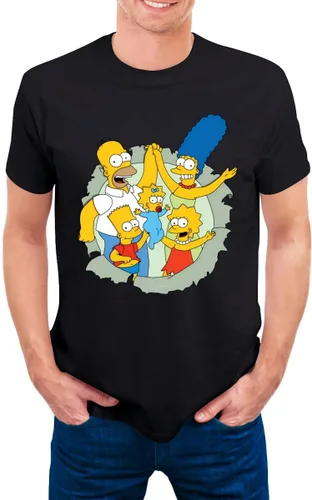 Vista 3 de The Simpsons Camisa cómoda de manga corta para hombre con cuello redondo de algodón de moda camiseta negra