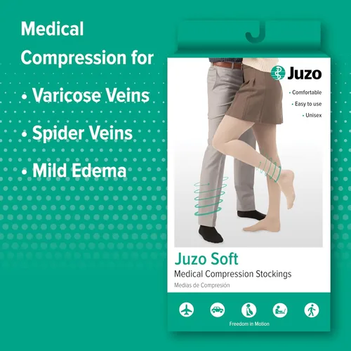 Vista 4 de Juzo Soft 2002 Thigh-High Compression Stocking 30-40 mmHg Open Toe, Petite Silicone border, ultra-soft, breathable, medical compression stockings