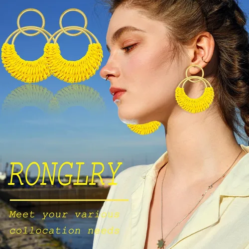 Vista 3 de Ronglry Aretes bohemios de ratán de rafia para mujeres y niñas, ligeros, hechos a mano, de mimbre trenzado, grandes, divertidos, modernos, regalos