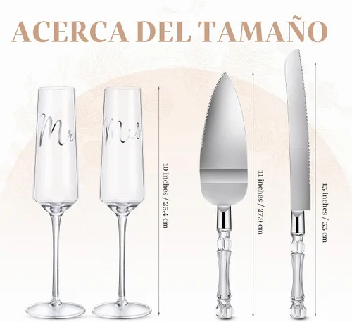 Vista 3 de Boao Juego de 4 Copas de Brindis de Boda y Servidor de Pastel, Suministros para Recepción de Boda, Copas de Champán, Cuchillo para Pastel, Servidor