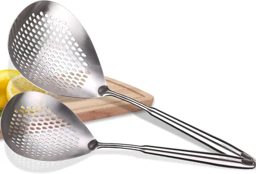 Vista 13 de Skimmer - Cuchara ranurada de acero inoxidable 304 de 16.5 pulgadas para pasta y araña, cuchara para cocinar y freír, cuchara coladora de metal