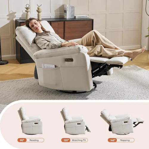 Vista 5 de Silla reclinable eléctrica con soporte lumbar ajustable, sillón reclinable giratorio con reposabrazos sobrerelleno, sillón reclinable para Beige
