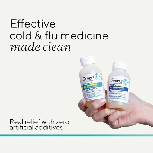 Vista 3 de Genexa Alivio Limpio del Resfriado y la Gripe Día/Noche Multisíntoma para Niños, Sin Colorantes, 0% Aditivos Artificiales, Medicina Líquida