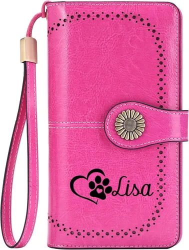 Vista 25 de Cartera de pulsera personalizada, carteras con nombre grabado personalizado con bloqueo RFID, gran capacidad, cartera de mano para tarjetas de Cuero