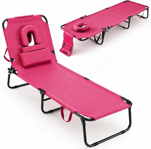 Vista 21 de GYMAX Silla de bronceado, silla de playa de 350 libras con agujero para la cara, almohada lavable y correa de transporte, tumbona plegable Ártico