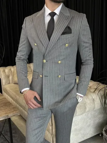 Vista 3 de Traje de rayas para hombre, ajuste delgado, 2 piezas, doble botonadura para boda, Halloween, Navidad, graduación, blazer y pantalones dorados